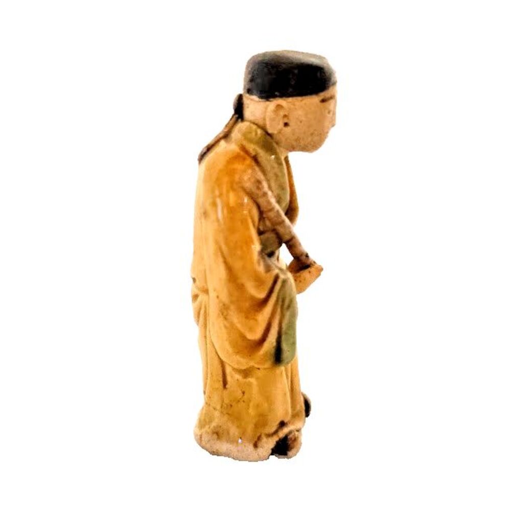 Antique Chinese Mudman 2 Inch Yellow Robe Flute Glazed Body CHINA c. 1890-1919 - Picture 3 of 6